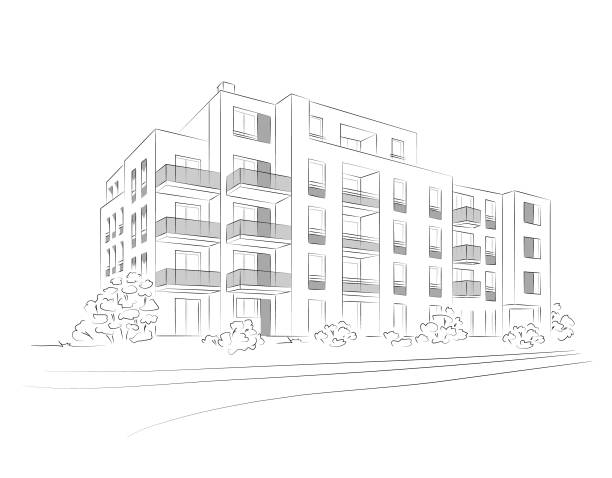 Vector linear project of block of flats. Archirectural concept sketch of modern house. Vector linear project of block of flats. Archirectural concept sketch of modern house. apartment stock illustrations