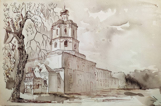istock Ink and pen Hand drawn brown watercolor architecture sketch of an ancient  building 1336924178