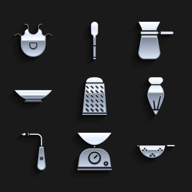 istock Set Grater, Scales, Kitchen colander, Pastry bag for decorate cakes, Long electric lighter, Bowl, Coffee turk and apron icon. Vector 1336925271