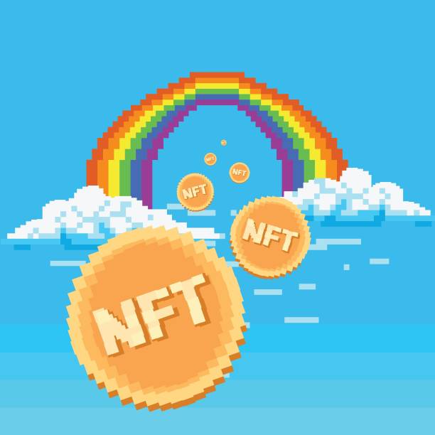 Non Fungible Token Concept, NFT Coin Flying under rainbow. Cloud - Sky, Rainbow, Bitcoin, Pixelated, Non-Fungible Token non fungible token stock illustrations