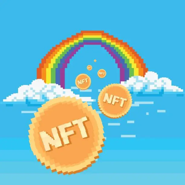 Vector illustration of Non Fungible Token Concept, NFT Coin Flying under rainbow.