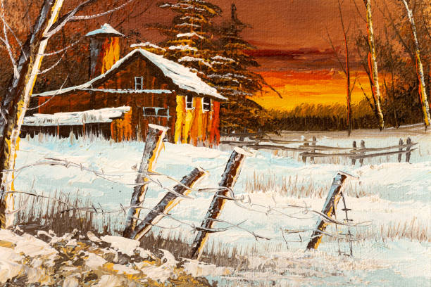 Rural Sunset Winter Landscape Oil Painting Fragment of oil painting of an old barn house at sunset winter landscape. Christmas Holiday concept. christmas oil painting stock illustrations