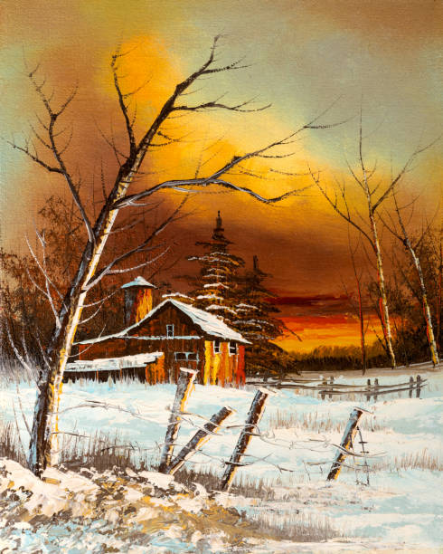 Rural Sunset Winter Landscape Oil Painting Original oil painting of an old barn house at sunset winter landscape. Christmas Holiday concept. christmas oil painting stock illustrations