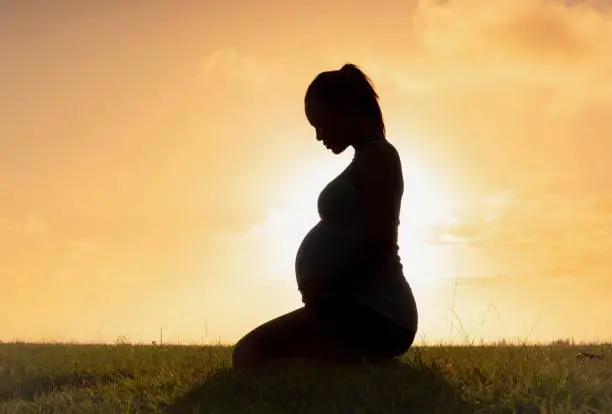 Photo of A pregnant woman sitting outdoor during sunset beautiful outdoor.. Maternity.