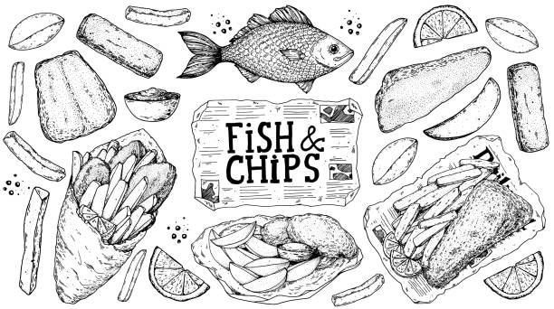 ilustraciones, imágenes clip art, dibujos animados e iconos de stock de ilustración vectorial de bocetos de pescado y patatas fritas. comida de pub británica. boceto dibujado a mano. cocinar pescado y patatas fritas. imagen vintage grabada dibujada a mano. plantilla de diseño de menú. - frito