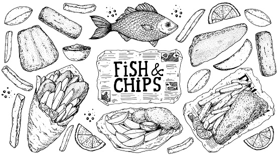 Fish and chips sketch vector illustration. British pub food. Hand drawn sketch. Cooking fish and chips. Engraved hand drawn vintage image. Menu design template