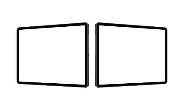 tablet-computer horizontale modelle mit leeren bildschirmen, perspektivische seitenansicht - tablet stock-grafiken, -clipart, -cartoons und -symbole