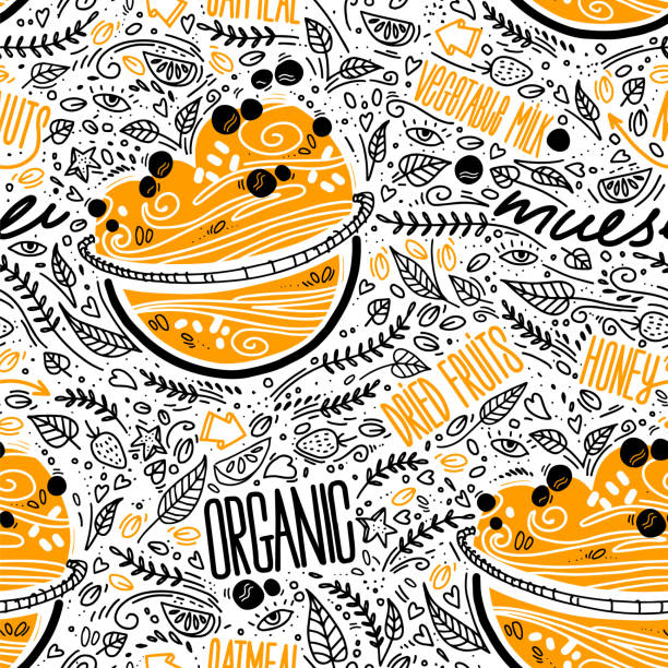 bezszwowy wzór z miską muesli. ręcznie rysowany szkic płatków owsianych, organicznych musli. tło w stylu doodle do kuchni, marki spożywczej. zdrowa owsianka - oat cereal plant oat flake backgrounds stock illustrations