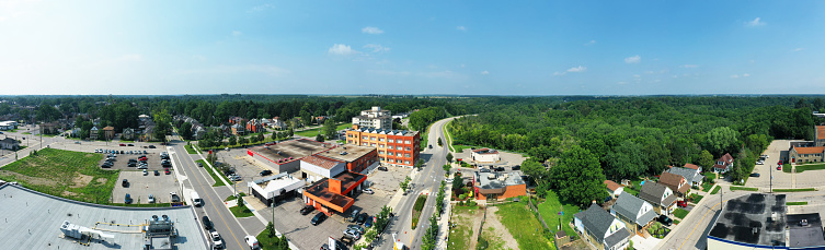 An aerial panorama of St Thomas, Ontario, Canada city center