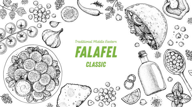 Falafel cooking and ingredients for falafel, sketch illustration. Middle eastern cuisine frame. Street food, design elements. Hand drawn, menu and package design. Vegan food. Falafel cooking and ingredients for falafel, sketch illustration. Middle eastern cuisine frame. Street food, design elements. Hand drawn, menu and package design. Vegan food kosher starter recipes stock illustrations