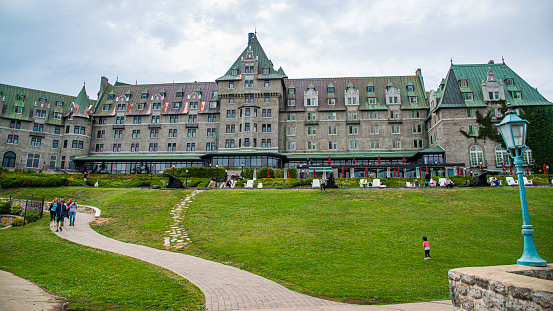 La Malbaie, Canada - July 20 2021: The beautiful terrace of Le Manoir Richelieu Hotel in La Malbaie