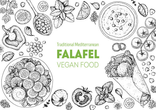 Falafel cooking and ingredients for falafel, sketch illustration. Middle eastern cuisine frame. Street food, design elements. Hand drawn, menu and package design. Vegan food. Falafel cooking and ingredients for falafel, sketch illustration. Middle eastern cuisine frame. Street food, design elements. Hand drawn, menu and package design. Vegan food kosher starter recipes stock illustrations