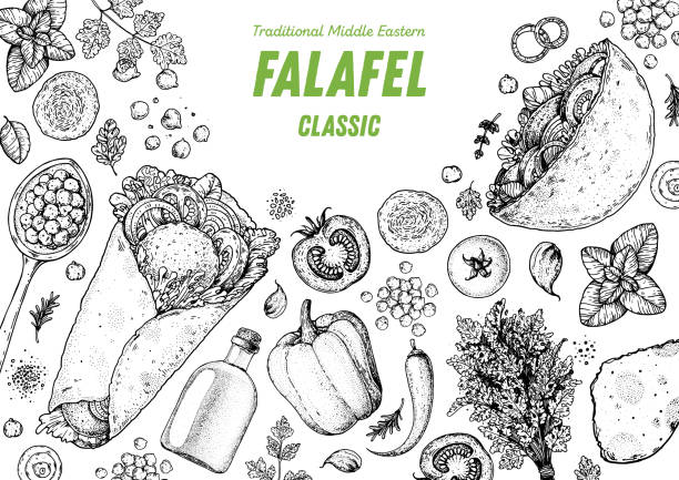 Falafel cooking and ingredients for falafel, sketch illustration. Middle eastern cuisine frame. Street food, design elements. Hand drawn, menu and package design. Vegan food. Falafel cooking and ingredients for falafel, sketch illustration. Middle eastern cuisine frame. Street food, design elements. Hand drawn, menu and package design. Vegan food kosher starter recipes stock illustrations