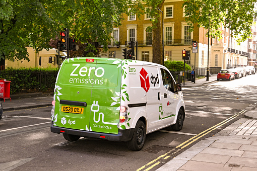 London, England - August 2021: DPD delivery van fully powered by electric with zero emissions. It is part of the business's response to climate change.