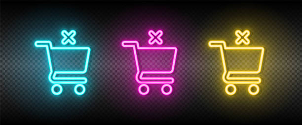 shopping, basket, remove neon vector icon. Illustration neon blue, yellow, red icon set. shopping, basket, remove neon vector icon. Illustration neon blue, yellow, red icon set silhouette symbol computer icon shopping bag stock illustrations