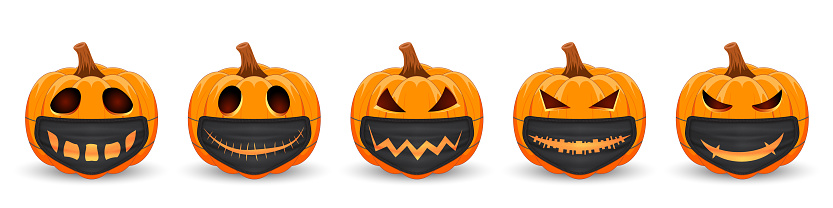 Set Pumpkin with black medical mask with scary smile. The main symbol of the Happy Halloween holiday. Orange pumpkin with smile for your design for the holiday Halloween.