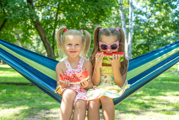 istock Two cheerful little girls eating watermelon while sitting on a hammock 1336934714