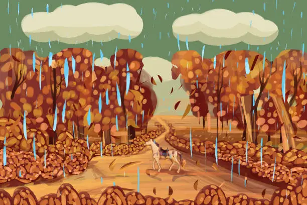 Vector illustration of Autumn rain in the forest