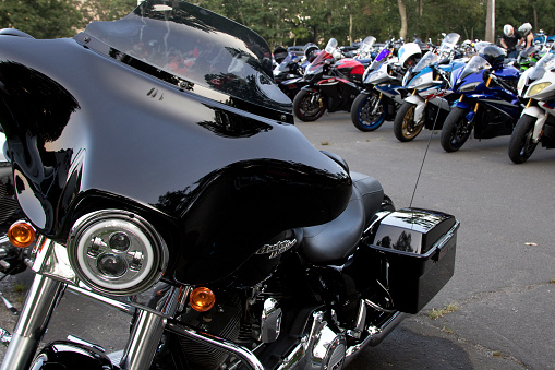 Bear Mountain State Park, New York, USA – August 25, 2021: Motorcycles at the Car Cruise Rally held weekly in the summer at the state park.