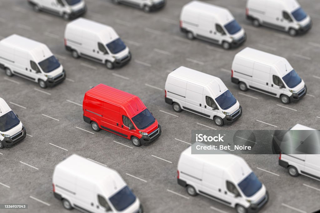 Red delivery van in a rows of white vans. Best express delivery and shipemt service concept. Red delivery van in a rows of white vans. Best express delivery and shipemt service concept. 3d illustration Fleet of Vehicles Stock Photo