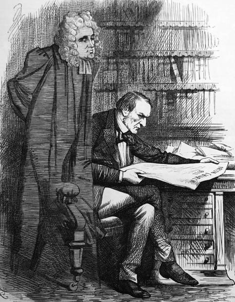 British satire comic cartoon caricatures illustrations - ghost of a man in a judge robe and wig looking over the shoulder of a man at a desk reading a large document vector art illustration