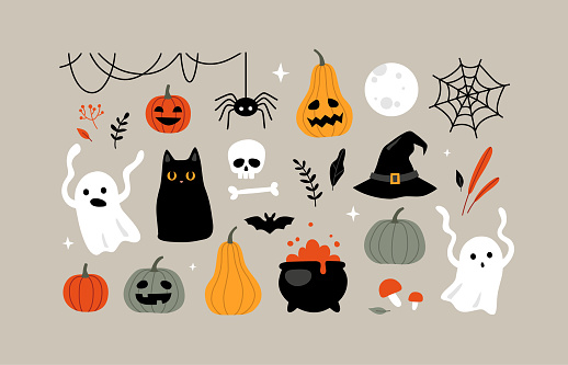 Halloween clipart set. Collection of cute vector illustrations and design elements.