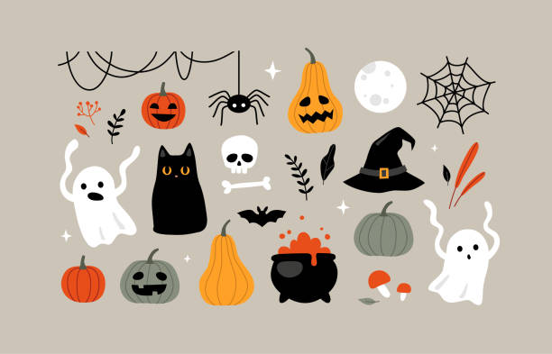 Halloween illustrations and design elements set. Halloween clipart set. Collection of cute vector illustrations and design elements. cauldron illustrations stock illustrations