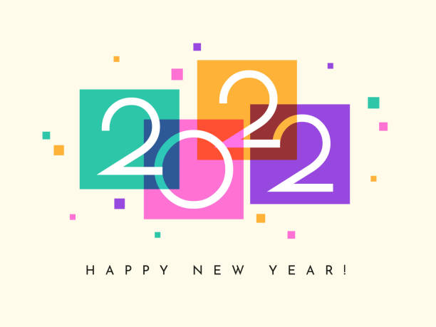 Happy New Year 2022 banner, calendar, card. Happy New Year 2022 horizontal banner, calendar or greeting card design template. Colorful background with square geometric shapes and numbers. brochure cover illustrations stock illustrations
