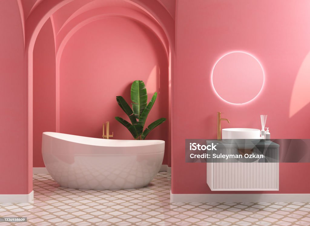 Modern mid century and minimalist bathroom interior Modern mid century and minimalist bathroom interior, coral decor concept, modern white bathroom cabinet and white bathtub with coral wall on concrete floor. 3d rendering Bathroom Stock Photo