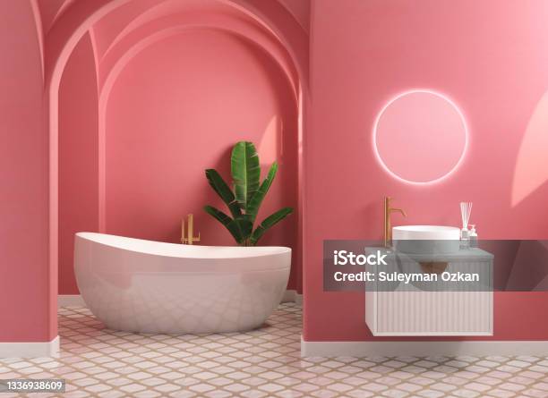 Modern Mid Century And Minimalist Bathroom Interior Stock Photo - Download Image Now