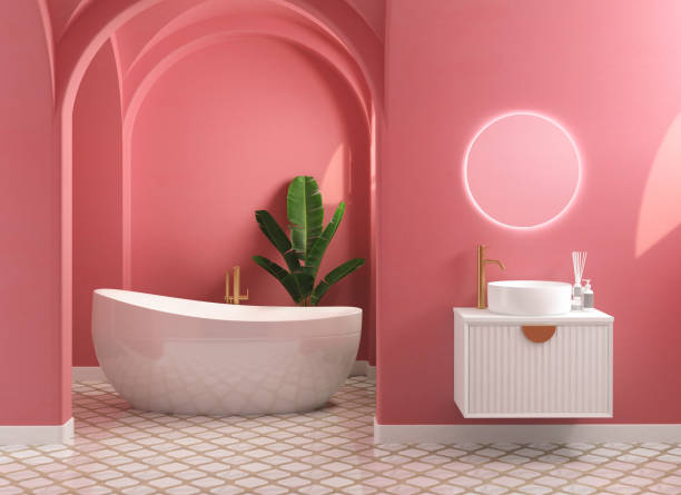 interior moderno do banheiro de meados do século e minimalista - abstract architecture decor decoration - fotografias e filmes do acervo