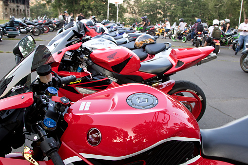 Bear Mountain State Park, New York, USA – August 25, 2021: Racing motorcycles on display at the Car Cruise Rally held weekly in the summer at the state park.