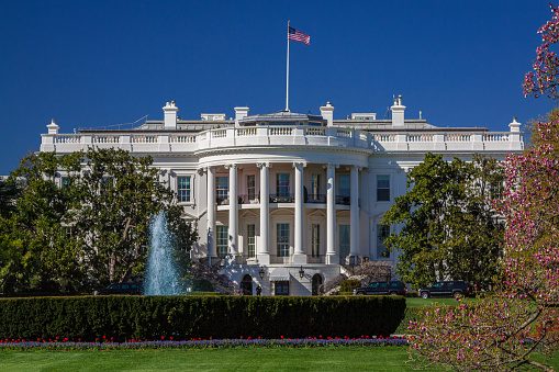 Washington DC , USA - January 4, 2023, view on the White House with Christmas tree