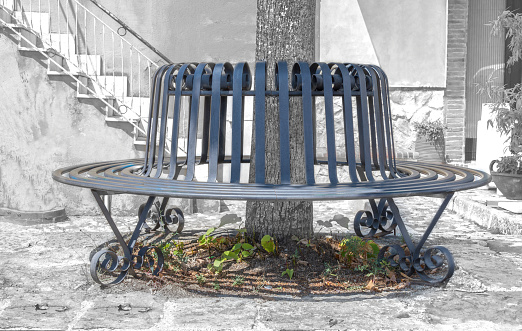 Round metal bench around a tree. Outdoor park.