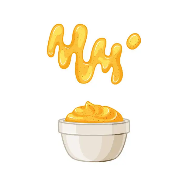 Vector illustration of Mustard sauce in a bowl and a spot on a white isolated background. Vector illustration of food in a cartoon style.