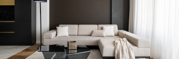 istock Elegant living room with big, corner sofa, panorama 1336969983