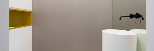 istock Stylish lavatory with wallpaper, panorama 1336969984