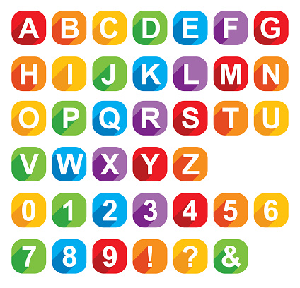 Vector alphabet of white letters and numbers with shadows on colorful squares..
