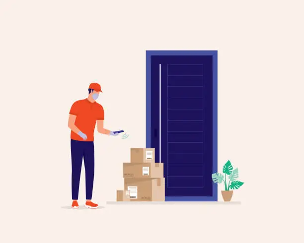Vector illustration of Delivery Man Using His Mobile Phone To Notify The Customer About The Order Arrival. Contactless Delivery During Covid-19 Pandemic.
