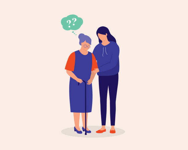 Daughter Taking Care Of Her Elderly Mother With Dementia Or Amnesia. Memory Loss. Young Daughter Taking Care Of Her Elderly Mother With Dementia Or Amnesia. Full Length, Isolated On Solid Color Background. Vector, Illustration, Flat Design, Character. community outreach illustrations stock illustrations