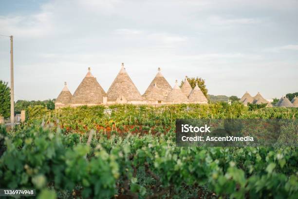View Across A Field To A Group Of Trulli Houses Stock Photo - Download Image Now - Puglia, Trulli House, Italy