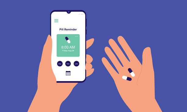 A Person Using Pill Reminder Mobile App For Medication. Medication Tracker. A Person's Hand Holding Medicine Pills And Smartphone With Pill Reminder Mobile App. Close-Up, Isolated On Solid Color Background. Vector, Illustration, Flat Design, Character. iphone hand stock illustrations