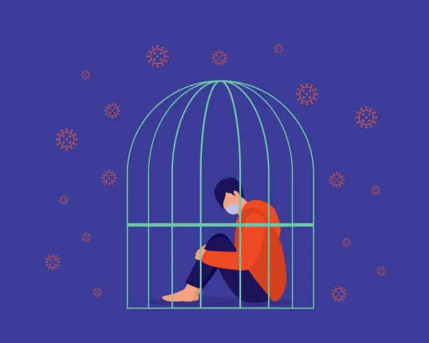 Vector illustration of Depressed Man With Face Mask Trapped Inside The Prison Cage. COVID-19 Pandemic Fatigue Concept.