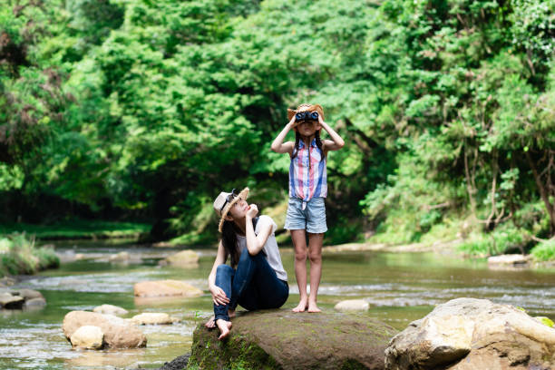 istock Mother and daughter using binoculars on mountain stream rocks 1336980511