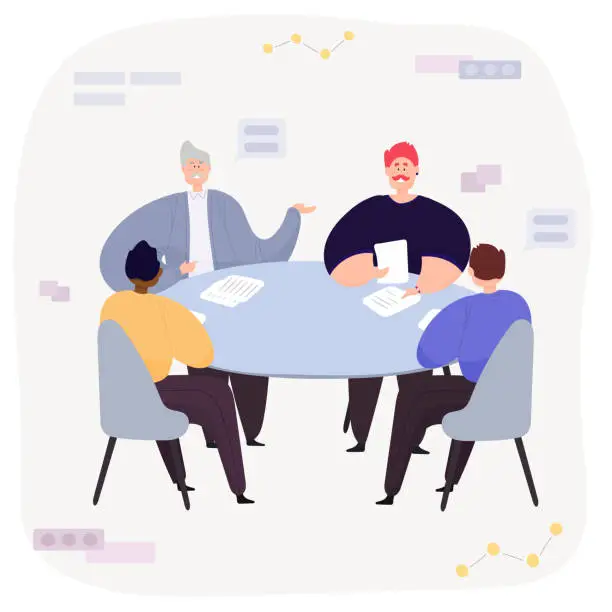 Vector illustration of Senior executive in a meeting with young employees. A young group of different nationalities listens to an experienced elderly man.