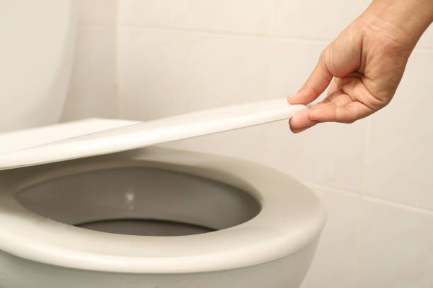 istock Woman using hand to open toilet lid 1336989016