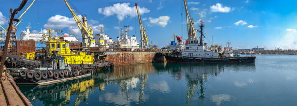 tugboat in the  chernomorsk shipyard, ukraine - industrial ship shipping painting repairing imagens e fotografias de stock