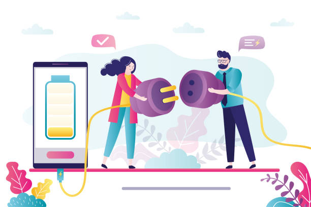 Man and woman connect electrical plug, socket. People want to charge mobile phone Man and woman connect electrical plug, socket. People want to charge mobile phone. Battery low level concept. Female and male characters holds wires. Accumulator on phone screen. Vector illustration phone screen low battery stock illustrations
