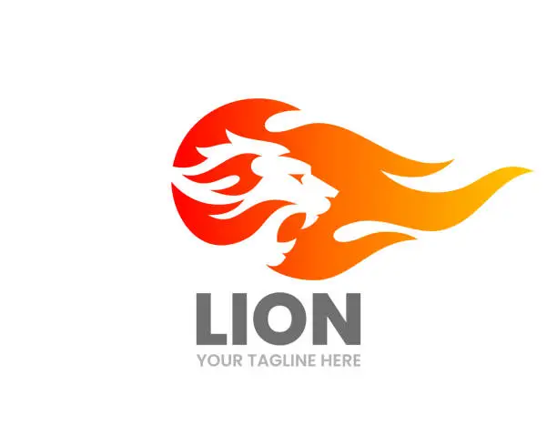 Vector illustration of Lion logo template. Abstract lion silhouette with fire flame. Roaring animal head.