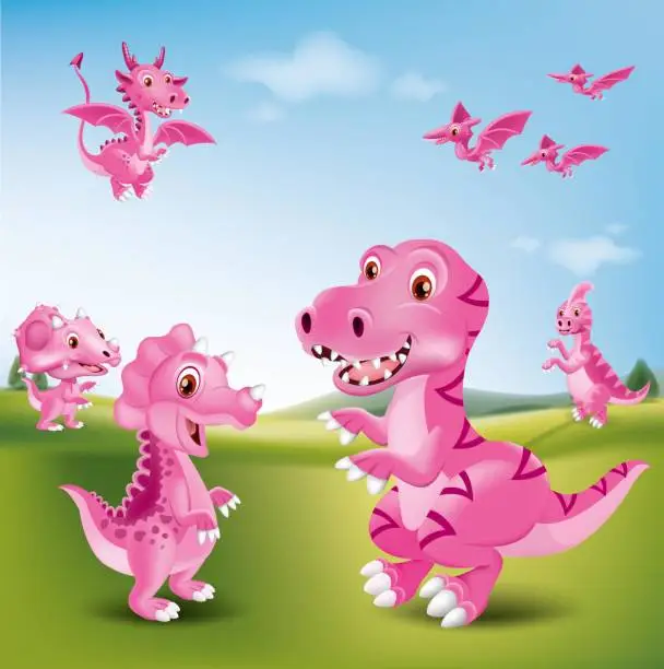 Vector illustration of Different baby dinosaurs on the natural background grass mountains sky.illustration vector
